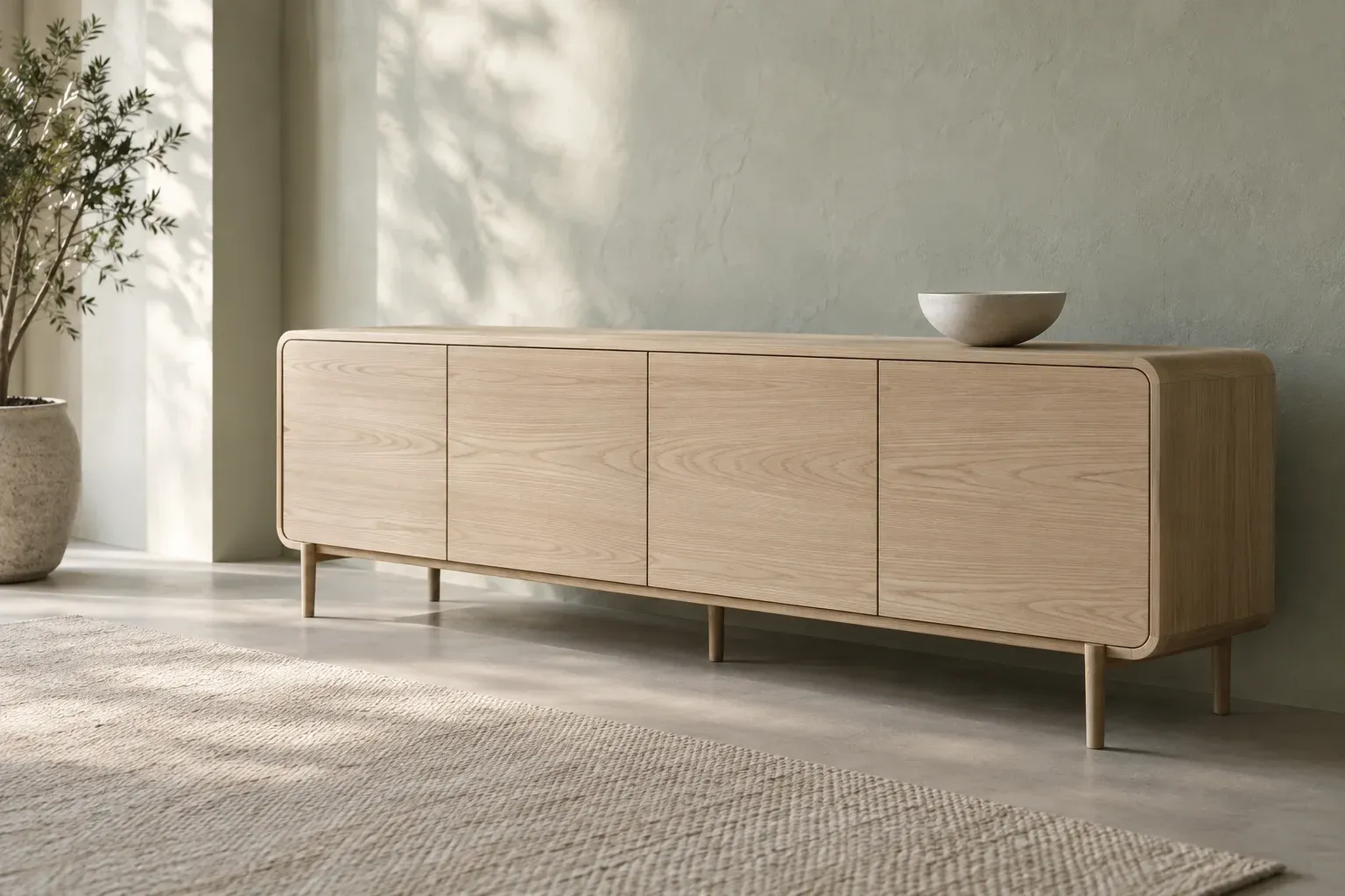 Beispielbild: niedriges Sideboard aus hellem Holz mit gerundeten Ecken vor einer salbeigrünen Wand