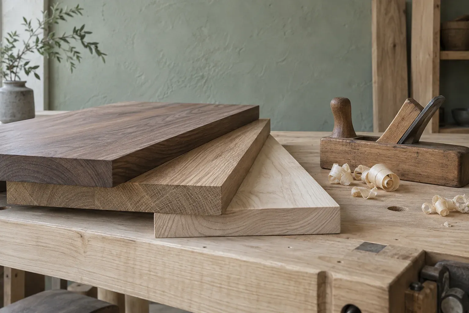 Beispielbild: unterschiedlich gefärbte Holzplatten, ein Holzhobel und feine Späne auf einer Werkbank